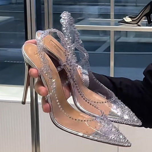 Rhinestone Pointed Toe Low-cut High Heels Rear Empty Stiletto Heel Pumps $52.50 Dana Fashion Color: Transparent Silver 8cm Size: 34 Women's shoes Product information: Toe holder shape: Pointed Color: transparent silver 8cm Shoe Upper material: Microfiber