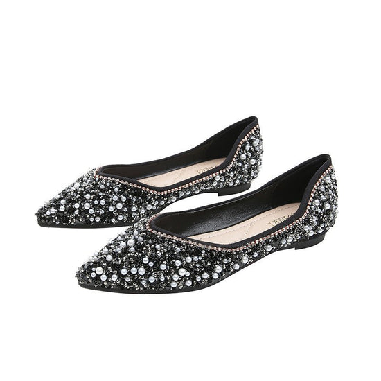 Rhinestone Shoes Women's Flat Bottom $55.90 Dana Fashion Color: Black Size: 34 Women's shoes Product information: Lining material: imitation leather Color: Black, Blue Upper height: low top Heel height: low heel (1-3CM) Heel shape: flat heel Size: 34,35,3