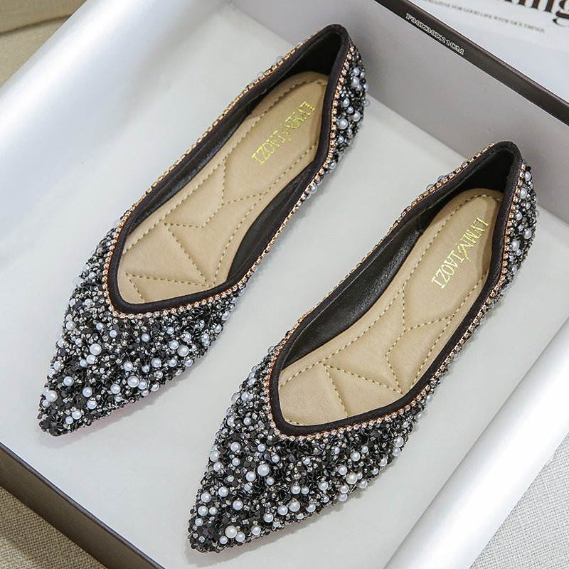 Rhinestone Shoes Women's Flat Bottom $55.90 Dana Fashion Color: Black Size: 34 Women's shoes Product information: Lining material: imitation leather Color: Black, Blue Upper height: low top Heel height: low heel (1-3CM) Heel shape: flat heel Size: 34,35,3