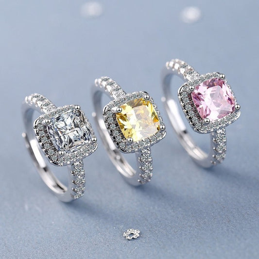 Ring Female Square Zirconium Diamond Wide Surface $15.25 Dana Fashion Color: Pink Diamond Size: Adjustable Opening Women's Accessories Product information: Color: white diamond, pink diamond, Yellow Diamond Size: adjustable opening Material: Copper Shape:
