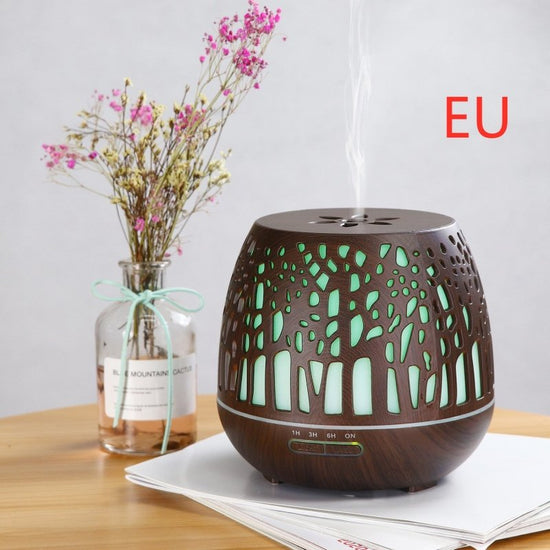 Room essential oil aroma diffuser hollow colorful ultrasonic humidifier $120.00 Dana Fashion Color: Deep wood grain Style: EU Beauty Tools Functions: aromatherapy, humidification, led night light Capacity:400ml Output:DC24V/0.5A Material:PP+ABS Power:10W