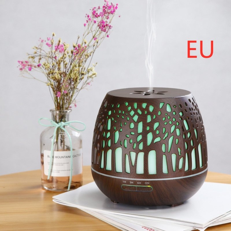 Room essential oil aroma diffuser hollow colorful ultrasonic humidifier $120.00 Dana Fashion Color: Deep wood grain Style: EU Beauty Tools Functions: aromatherapy, humidification, led night light Capacity:400ml Output:DC24V/0.5A Material:PP+ABS Power:10W