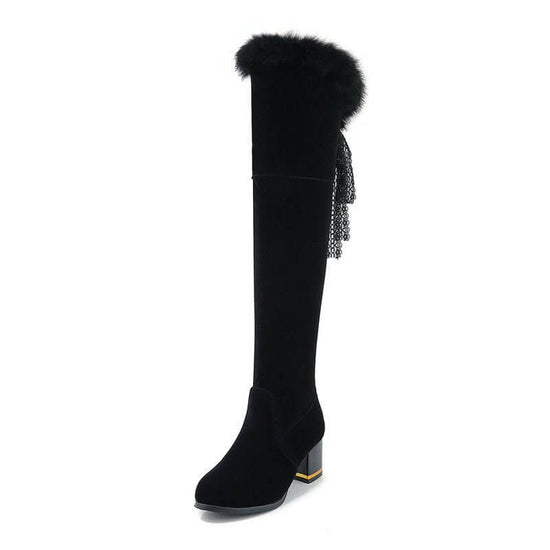 Round Head Chunky Heel Super High Heel Thick Fur Lining Autumn And Winter New Women's High Boots $85.90 Dana Fashion Color: Black Size: 34 Women's shoes Product information: Pattern: solid color Color: Black Heel height: super high heel (above 8CM) Sock l
