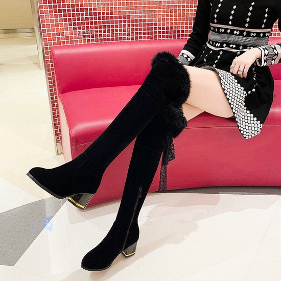 Round Head Chunky Heel Super High Heel Thick Fur Lining Autumn And Winter New Women's High Boots $85.90 Dana Fashion Color: Black Size: 34 Women's shoes Product information: Pattern: solid color Color: Black Heel height: super high heel (above 8CM) Sock l