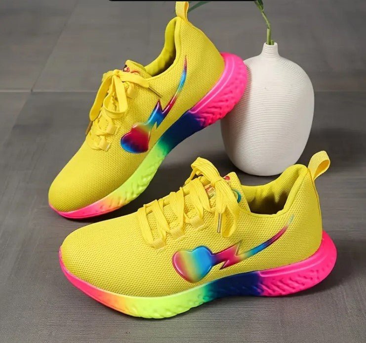 Round Head Heart Knitted Lace Up Running Shoes $50.69 Dana Fashion Color: Yellow Size: 36 Women's shoes Product information: Lining material: Mesh Color: white, black, yellow Heel height: mid heel (3-5CM) Heel shape: stiletto heels Size: 36, 37, 38, 39, 4