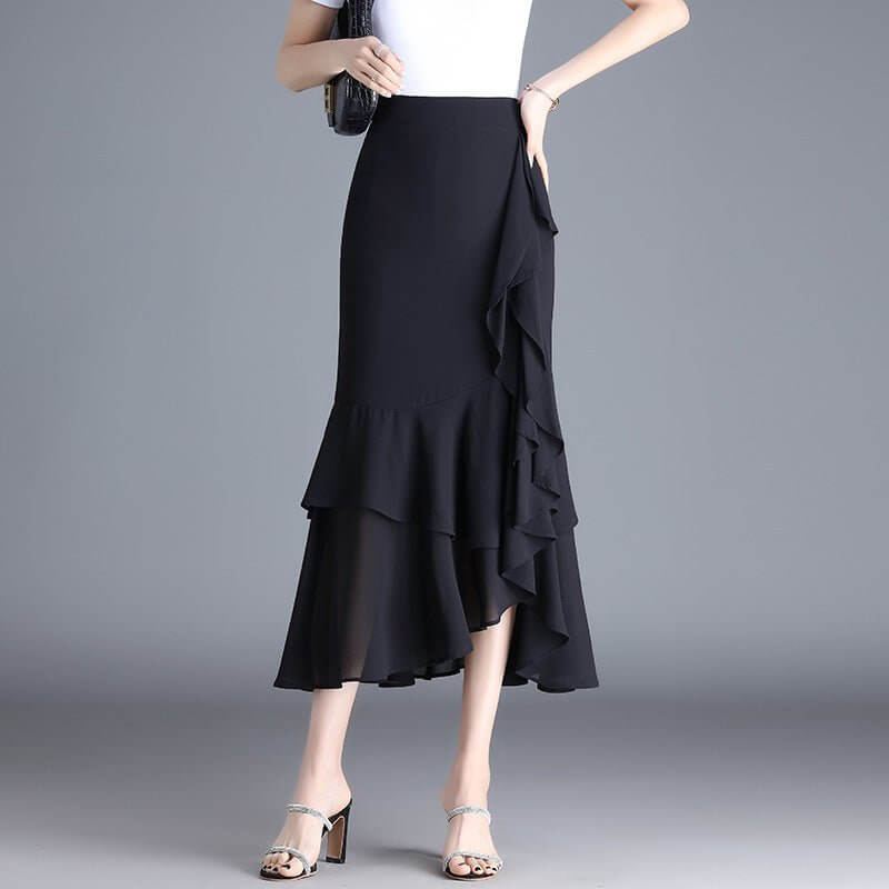 Ruffled Chiffon High Waist Skirt $50.90 Dana Fashion Color: Black Size: 4XL Women's clothing Product information: Pattern: Leopard print Fabric name: chiffon Skirt-type: asymmetric skirt Color: large leopard-print, leopard print, flower, black, red, brown