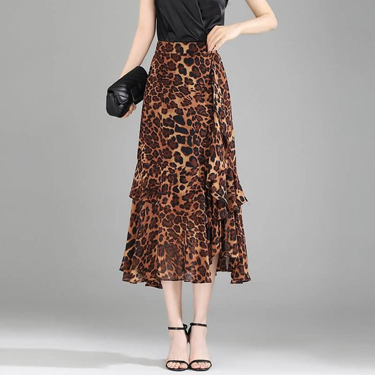 Ruffled Chiffon High Waist Skirt $50.90 Dana Fashion Color: Black Size: 4XL Women's clothing Product information: Pattern: Leopard print Fabric name: chiffon Skirt-type: asymmetric skirt Color: large leopard-print, leopard print, flower, black, red, brown