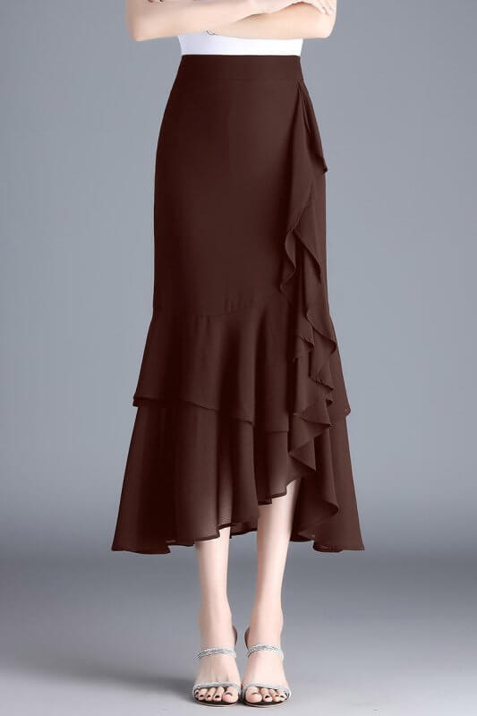 Ruffled Chiffon High Waist Skirt $50.90 Dana Fashion Color: Brown Size: 4XL Women's clothing Product information: Pattern: Leopard print Fabric name: chiffon Skirt-type: asymmetric skirt Color: large leopard-print, leopard print, flower, black, red, brown