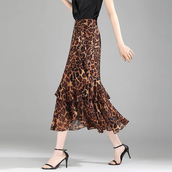 Ruffled Chiffon High Waist Skirt $50.90 Dana Fashion Color: Black Size: 4XL Women's clothing Product information: Pattern: Leopard print Fabric name: chiffon Skirt-type: asymmetric skirt Color: large leopard-print, leopard print, flower, black, red, brown