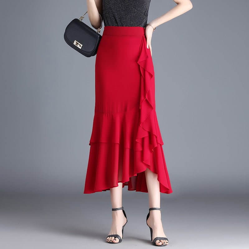 Ruffled Chiffon High Waist Skirt $50.90 Dana Fashion Color: Red Size: 4XL Women's clothing Product information: Pattern: Leopard print Fabric name: chiffon Skirt-type: asymmetric skirt Color: large leopard-print, leopard print, flower, black, red, brown E