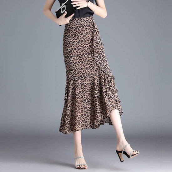 Ruffled Chiffon High Waist Skirt $50.90 Dana Fashion Color: Leopard Print Size: 4XL Women's clothing Product information: Pattern: Leopard print Fabric name: chiffon Skirt-type: asymmetric skirt Color: large leopard-print, leopard print, flower, black, re