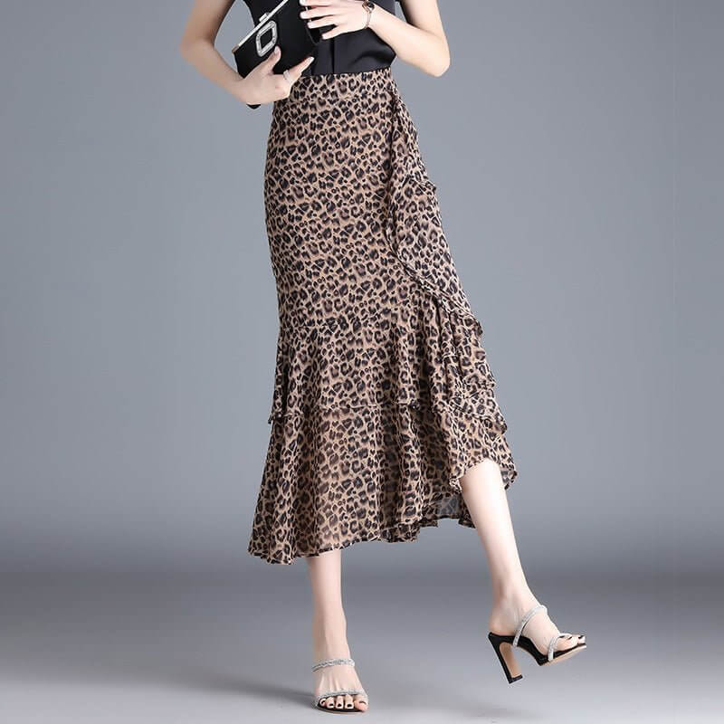 Ruffled Chiffon High Waist Skirt $50.90 Dana Fashion Color: Leopard Print Size: 4XL Women's clothing Product information: Pattern: Leopard print Fabric name: chiffon Skirt-type: asymmetric skirt Color: large leopard-print, leopard print, flower, black, re