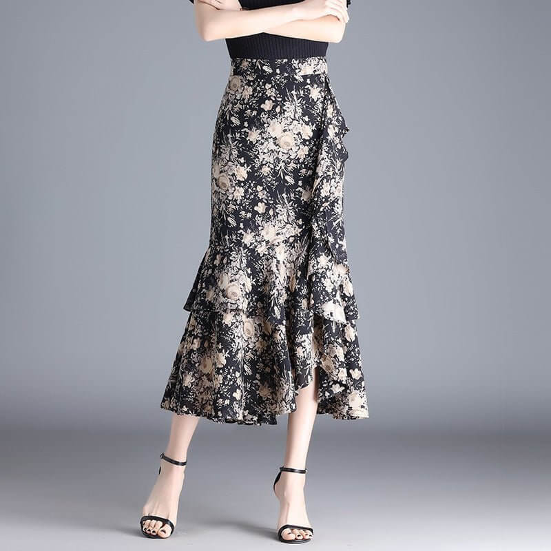 Ruffled Chiffon High Waist Skirt $50.90 Dana Fashion Color: Flowers Size: 4XL Women's clothing Product information: Pattern: Leopard print Fabric name: chiffon Skirt-type: asymmetric skirt Color: large leopard-print, leopard print, flower, black, red, bro