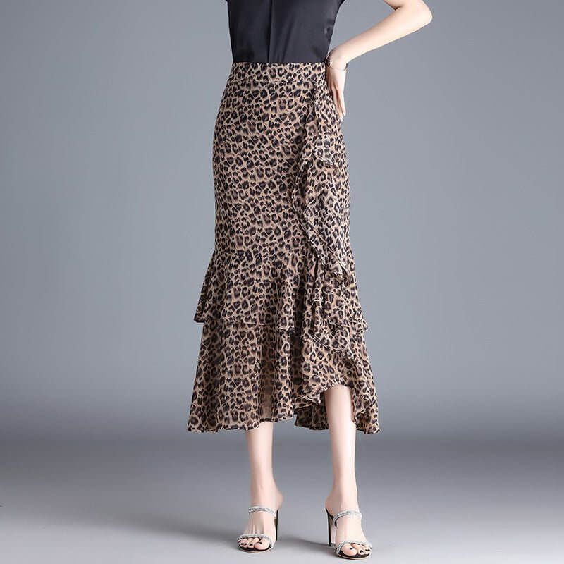 Ruffled Chiffon High Waist Skirt $50.90 Dana Fashion Color: Black Size: 4XL Women's clothing Product information: Pattern: Leopard print Fabric name: chiffon Skirt-type: asymmetric skirt Color: large leopard-print, leopard print, flower, black, red, brown