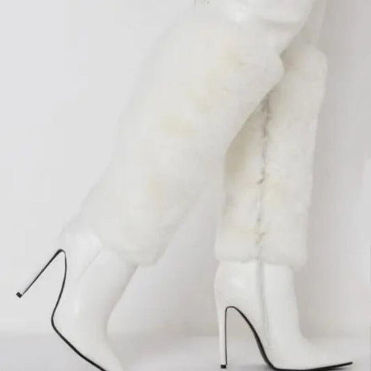 Runway Stiletto Heel Solid Color Plush Over-the-knee Boots $199.50 Dana Fashion Color: White Size: 35 Women's shoes Product information: Shoe Upper material: PU Heel height: super high heel (above 8CM) Heel shape: stiletto heels Size: 35, 36, 37, 38, 39,