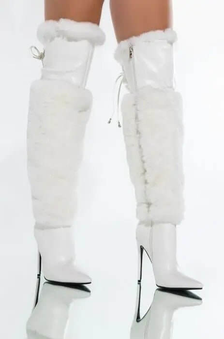 Runway Stiletto Heel Solid Color Plush Over-the-knee Boots $199.50 Dana Fashion Color: White Size: 35 Women's shoes Product information: Shoe Upper material: PU Heel height: super high heel (above 8CM) Heel shape: stiletto heels Size: 35, 36, 37, 38, 39,
