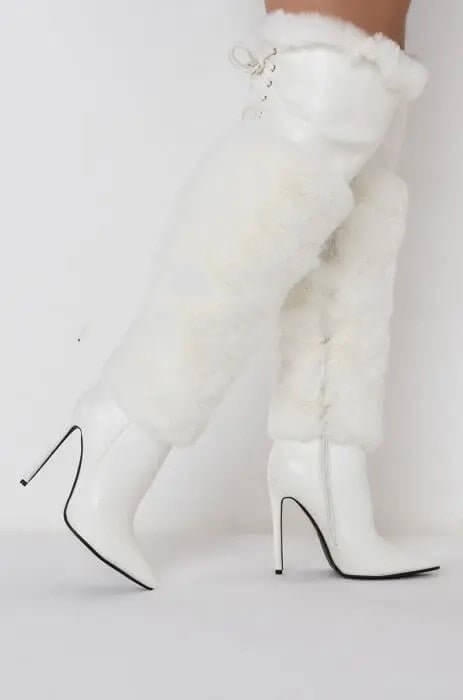 Runway Stiletto Heel Solid Color Plush Over-the-knee Boots $199.50 Dana Fashion Color: White Size: 35 Women's shoes Product information: Shoe Upper material: PU Heel height: super high heel (above 8CM) Heel shape: stiletto heels Size: 35, 36, 37, 38, 39,