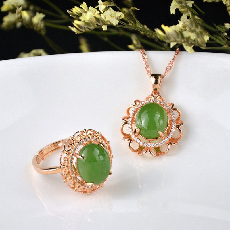 S925 silver chalcedony jewelry set $55.00 Dana Fashion Color: Jasper Size: 10X12MM Women's Accessories S925 silver white jade 10*12mm (large) rose gold: 1 set: pendant (chain), open ring S925 silver jasper 10*12mm (large) rose gold: 1 set: pendant (chain)