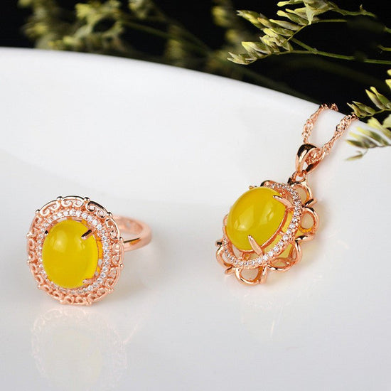 S925 silver chalcedony jewelry set $35.00 Dana Fashion Color: Alloy topaz Size: 10X12MM Women's Accessories S925 silver white jade 10*12mm (large) rose gold: 1 set: pendant (chain), open ring S925 silver jasper 10*12mm (large) rose gold: 1 set: pendant (c