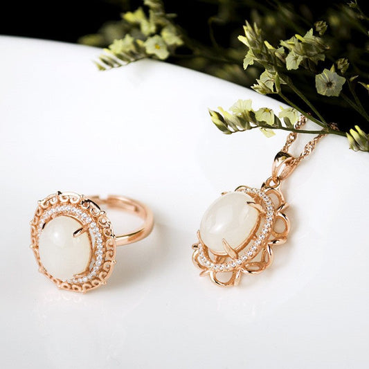 S925 silver chalcedony jewelry set $35.00 Dana Fashion Color: Alloy jasper Size: 7X9MM Women's Accessories S925 silver white jade 10*12mm (large) rose gold: 1 set: pendant (chain), open ring S925 silver jasper 10*12mm (large) rose gold: 1 set: pendant (ch