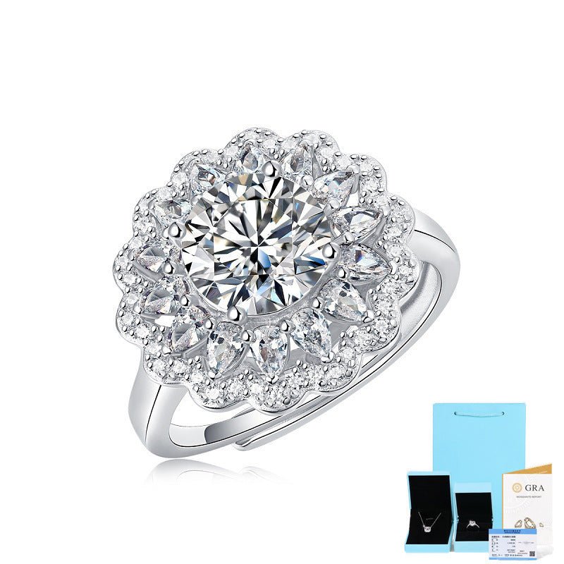 S925 Silver Moissanite Ring Flowers Female New Trendy Ring Adjustable Source Ring In Stock Generation $65.00 Dana Fashion Color: Moissanite 2 Karat Gift Box size: Adjustable Opening Women's Accessories Product information: Type: Ring Treatment Process: El