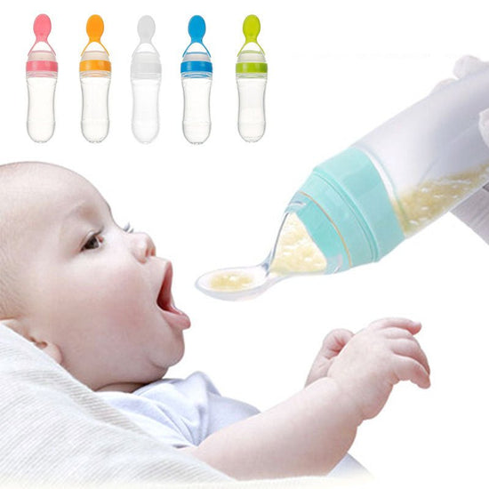 Safe Newborn Baby Feeding Bottle Toddler Silicone Squeeze Feeding Spoon Milk Bottle Baby Training Feeder Food Supplement $13.30 Dana Fashion Color: Blue style: A Baby & Mother Overview 1.Safe material: using food grade silicone material, free of BPA, safe