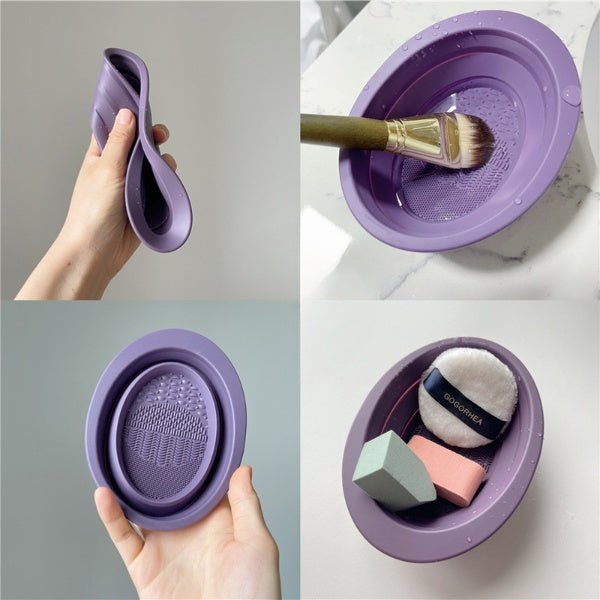 Scrubbing Plate Makeup Brush Cleaning Pad Makeup Brush Cleaning Bowl $24.00 Dana Fashion Color: Dark Purple makeup Product Information Name: Makeup brush folding cleaning bowl Material: Silicone Be applicable: DIY facial mask Brewing water film Soaking be