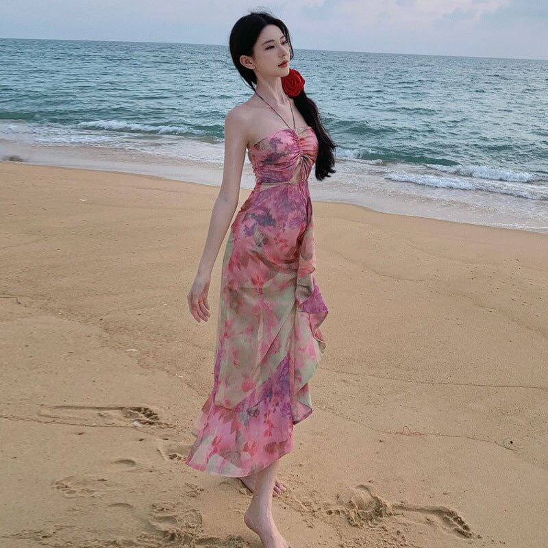 Seaside Holiday Dress Backless Halter Floral $65.50 Dana Fashion Color: Picture Color Size: L Women's clothing Product information: Pattern: Flowers Skirt type: flounced skirt Color: Picture color Waist type: high waist Size: S,M,L Style type: private clo