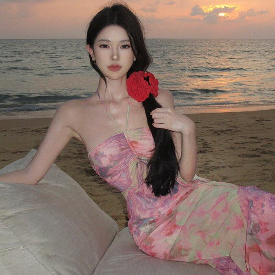 Seaside Holiday Dress Backless Halter Floral $65.50 Dana Fashion Color: Picture Color Size: L Women's clothing Product information: Pattern: Flowers Skirt type: flounced skirt Color: Picture color Waist type: high waist Size: S,M,L Style type: private clo