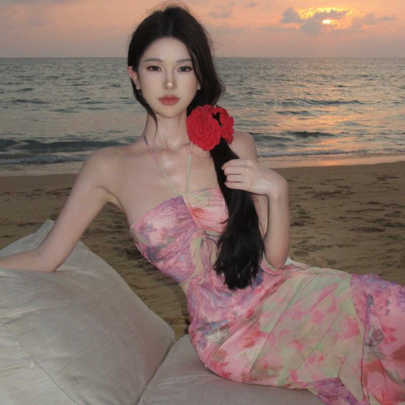 Seaside Holiday Dress Backless Halter Floral $65.50 Dana Fashion Color: Picture Color Size: L Women's clothing Product information: Pattern: Flowers Skirt type: flounced skirt Color: Picture color Waist type: high waist Size: S,M,L Style type: private clo