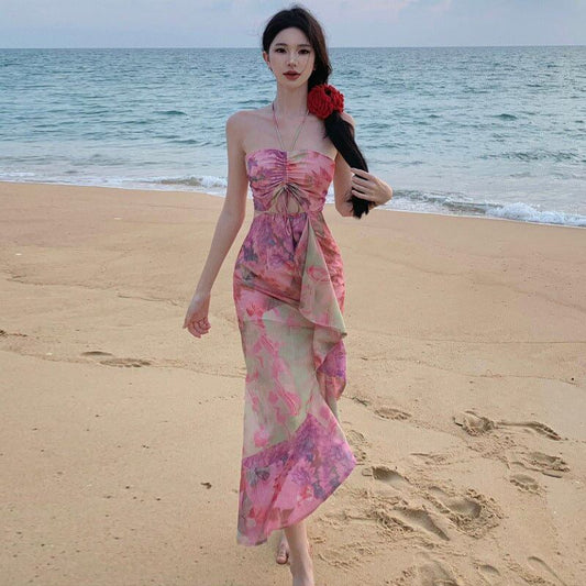 Seaside Holiday Dress Backless Halter Floral $65.50 Dana Fashion Color: Picture Color Size: L Women's clothing Product information: Pattern: Flowers Skirt type: flounced skirt Color: Picture color Waist type: high waist Size: S,M,L Style type: private clo