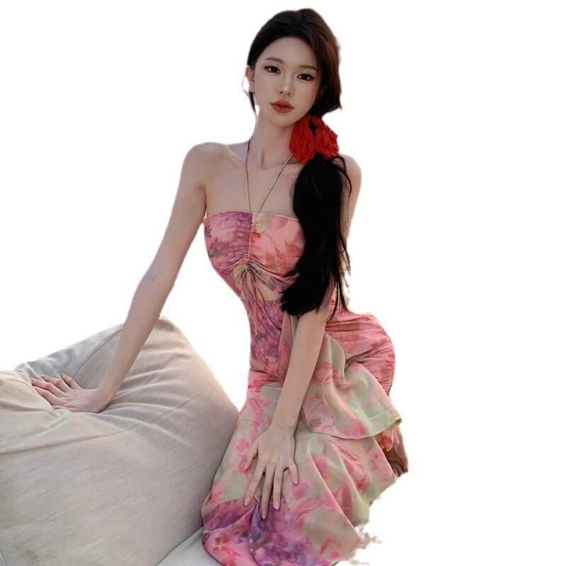 Seaside Holiday Dress Backless Halter Floral $65.50 Dana Fashion Color: Picture Color Size: L Women's clothing Product information: Pattern: Flowers Skirt type: flounced skirt Color: Picture color Waist type: high waist Size: S,M,L Style type: private clo