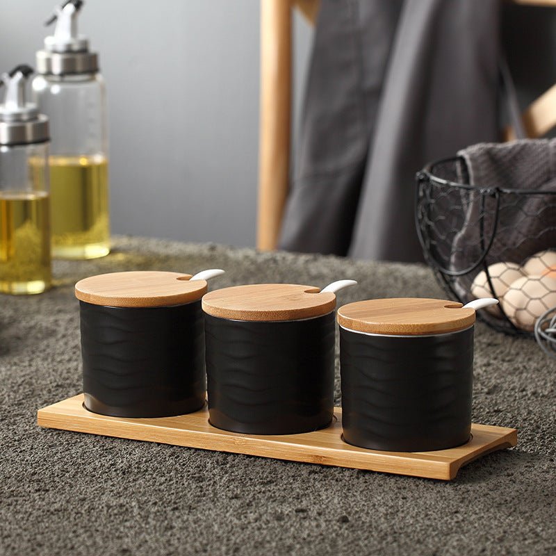 Seasoning Jar Seasoning Bottle Salt Monosodium Glutamate Seasoning Box Set Household $37.90 Dana Fashion Color: Straight corrugated black Dana's Kitchen Product information: Whether to import: No Material: Ceramic Types of seasonings that can be loaded: v