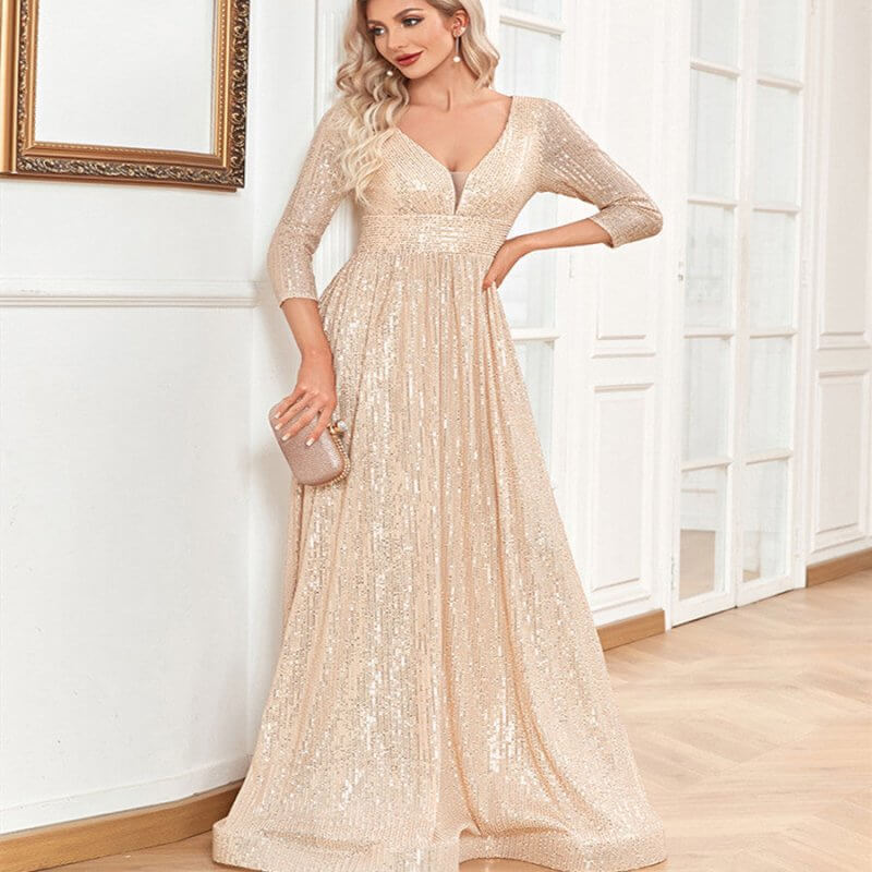 Sequined Fall V-neck High Waist Party Formal Dress $159.50 Dana Fashion Color: Black size: L Women's clothing Product information: Color: black, wine red, pink, rose red, royal blue, emerald, dark gray, dark green, dark blue, Champagne Main fabric composi