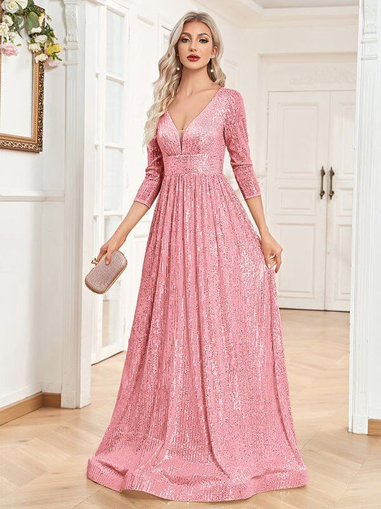 Sequined Fall V-neck High Waist Party Formal Dress $159.50 Dana Fashion Color: Pink size: L Women's clothing Product information: Color: black, wine red, pink, rose red, royal blue, emerald, dark gray, dark green, dark blue, Champagne Main fabric composit