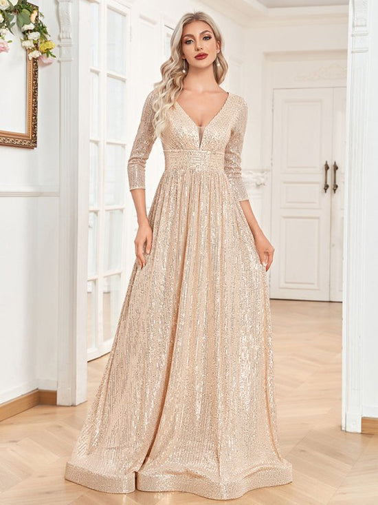 Sequined Fall V-neck High Waist Party Formal Dress $159.50 Dana Fashion Color: Champagne size: L Women's clothing Product information: Color: black, wine red, pink, rose red, royal blue, emerald, dark gray, dark green, dark blue, Champagne Main fabric com