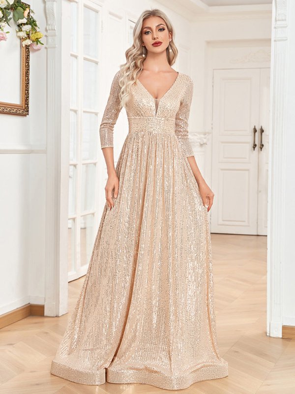 Sequined Fall V-neck High Waist Party Formal Dress $159.50 Dana Fashion Color: Champagne size: L Women's clothing Product information: Color: black, wine red, pink, rose red, royal blue, emerald, dark gray, dark green, dark blue, Champagne Main fabric com
