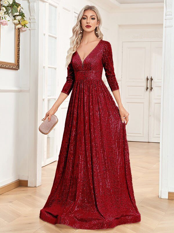Sequined Fall V-neck High Waist Party Formal Dress $159.50 Dana Fashion Color: Wine Red size: L Women's clothing Product information: Color: black, wine red, pink, rose red, royal blue, emerald, dark gray, dark green, dark blue, Champagne Main fabric comp