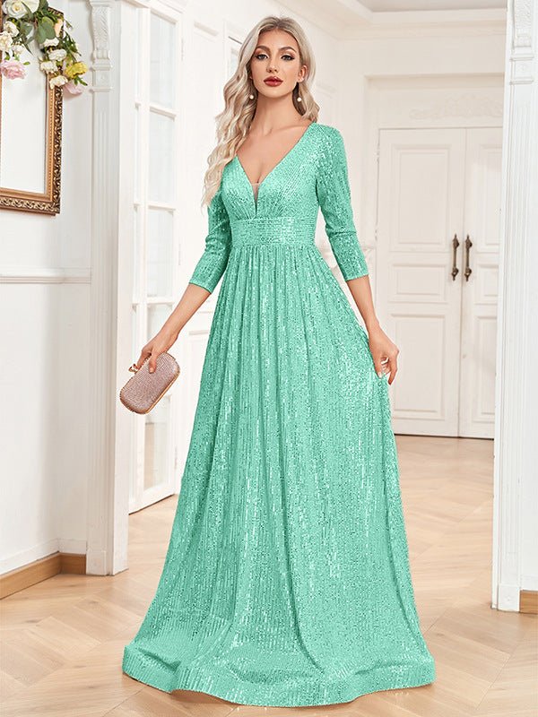 Sequined Fall V-neck High Waist Party Formal Dress $159.50 Dana Fashion Color: Emerald size: L Women's clothing Product information: Color: black, wine red, pink, rose red, royal blue, emerald, dark gray, dark green, dark blue, Champagne Main fabric compo