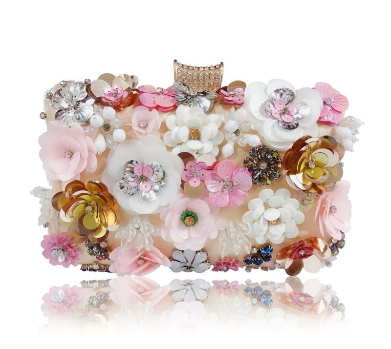 Sequined Flower Diamond Banquet Bag $84.35 Dana Fashion Color: Champagne Women's Bags Material: Silk Fabric texture: polyester fiber Lining texture: polyester Style: women's clutch Bag shape: pillow type Trendy Bags Style: Dinner Bag Opening method: ingot