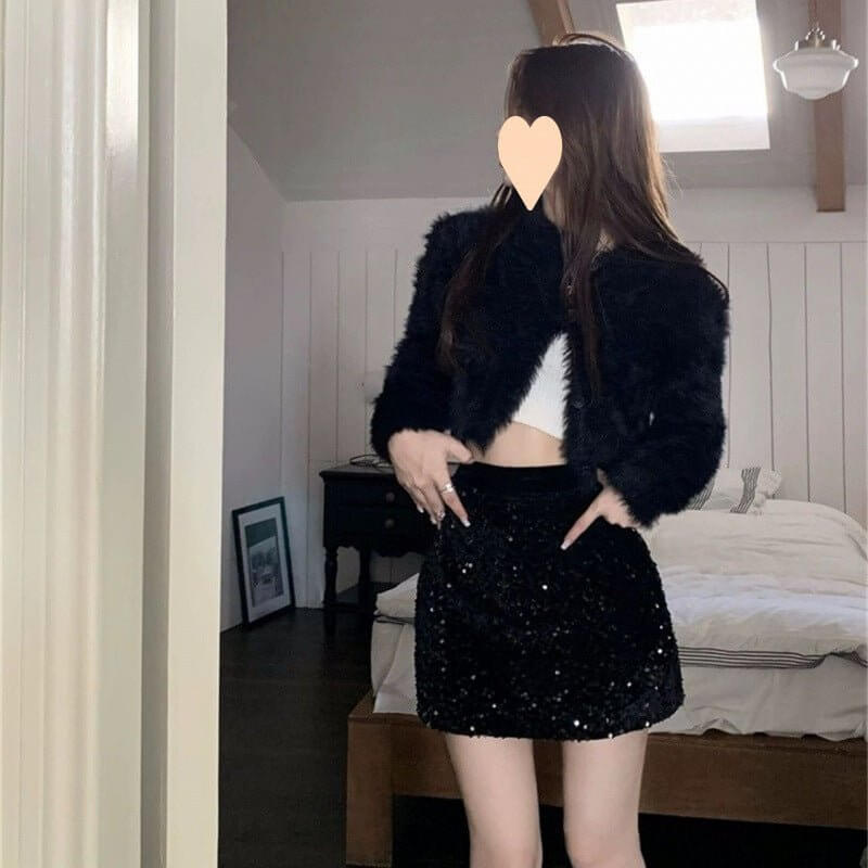 Sequined High-end Skirt Design $24.50 Dana Fashion Color: Black Size: L Women's clothing Product information: Fabric name: gold velvet Skirt type: hip skirt Color: Black (Black background black paillette) Main fabric composition: Polyester (polyester fibe