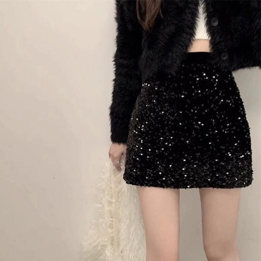 Sequined High-end Skirt Design $24.50 Dana Fashion Color: Black Size: L Women's clothing Product information: Fabric name: gold velvet Skirt type: hip skirt Color: Black (Black background black paillette) Main fabric composition: Polyester (polyester fibe