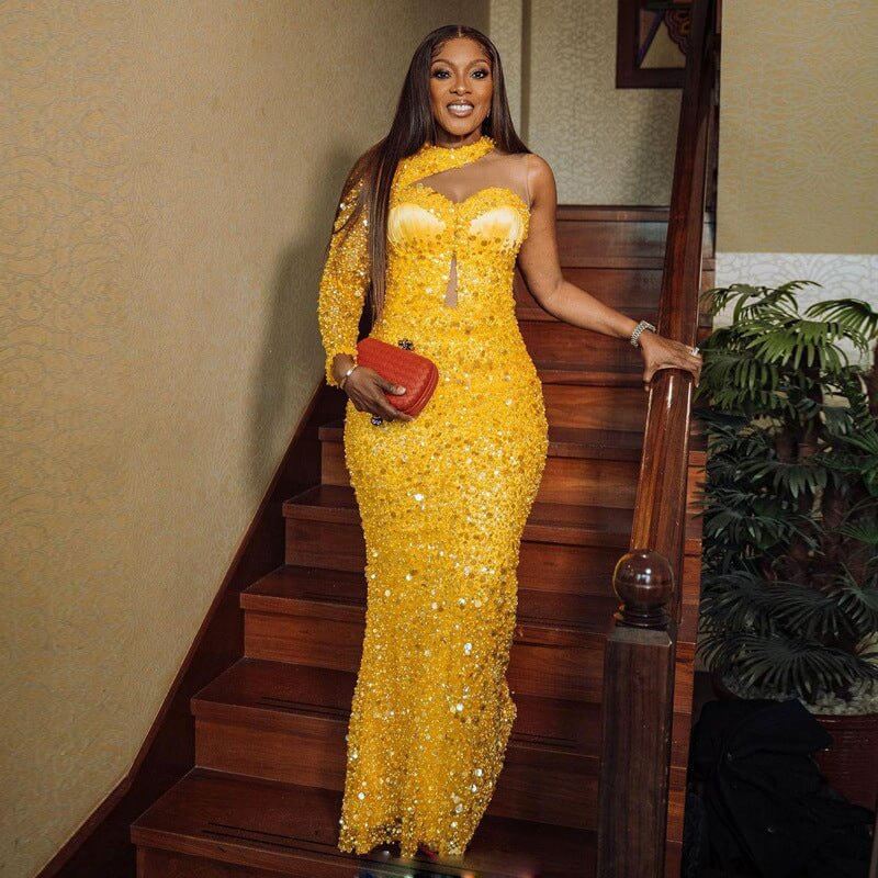 Sequined Pearl Embroidery Lace Asymmetric Single Sleeve Dress $690.36 Dana Fashion Color: Black size: Free Size Women's clothing Product information: Color: gold, black, lavender purple, pink, light green, white, dark blue, light blue, wine red, red, ligh