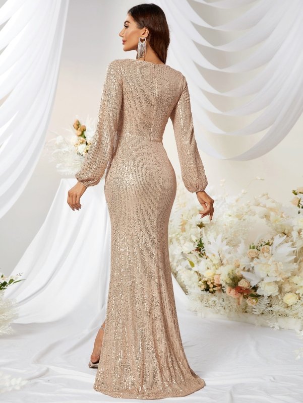 Sequined V-neck Long Sleeve High Slit Slim Fishtail Prom Evening Dress $96.50 Dana Fashion Color: Black Size: L Women's clothing Product information: Fabric name: Polyester Applicable scenario: party Color: champagne, wine red, black Main fabric compositi