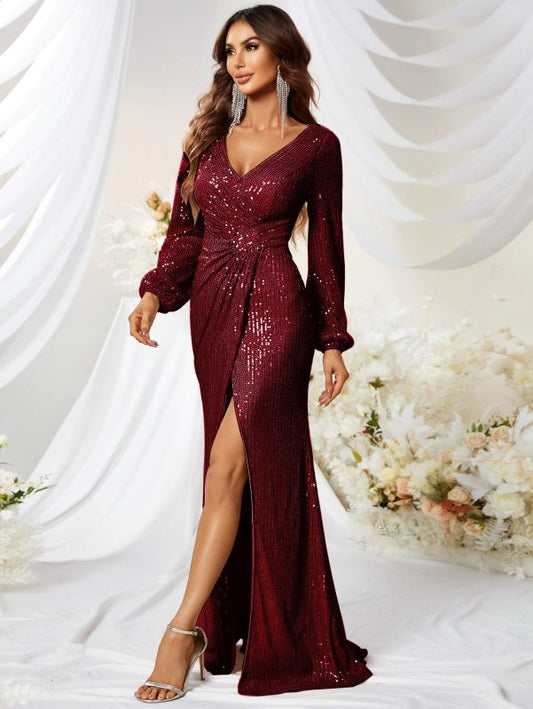 Sequined V-neck Long Sleeve High Slit Slim Fishtail Prom Evening Dress $96.50 Dana Fashion Color: Black Size: L Women's clothing Product information: Fabric name: Polyester Applicable scenario: party Color: champagne, wine red, black Main fabric compositi