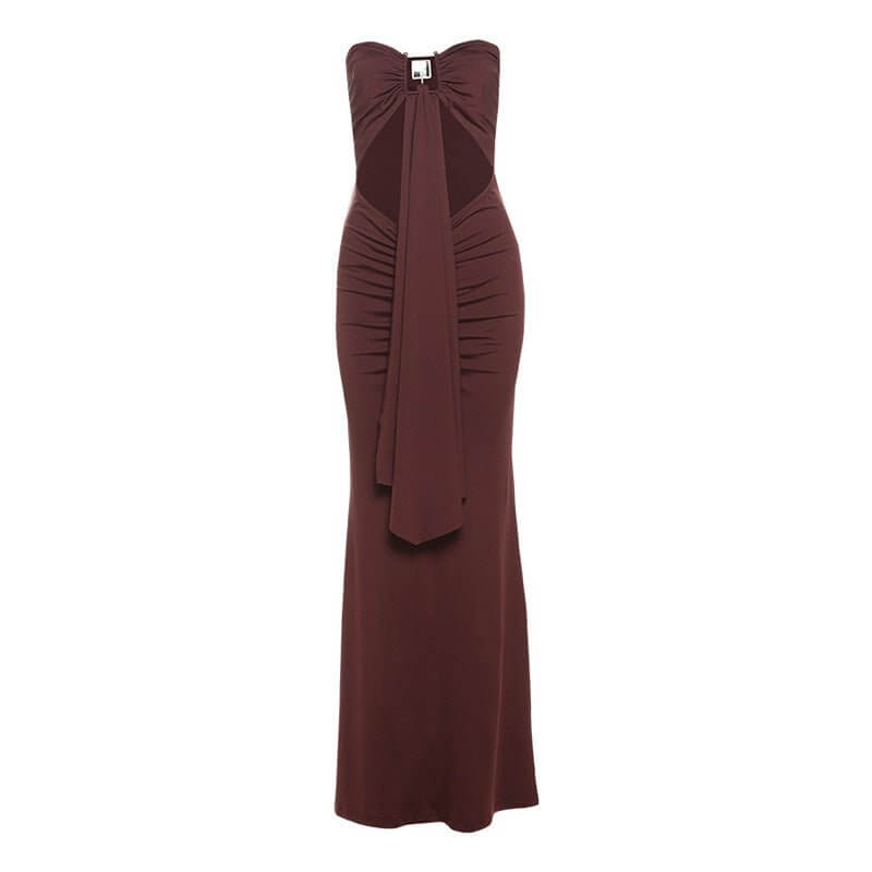 Sexy Pleated High Waist Bare Midriff Slim Fit Dress $47.50 Dana Fashion Color: Brown Size: L Women's clothing Product information: Skirt type: One-Step skirt Color: Brown Size: S,M,L Skirt length: long skirt Popular elements: Three-dimensional decoration