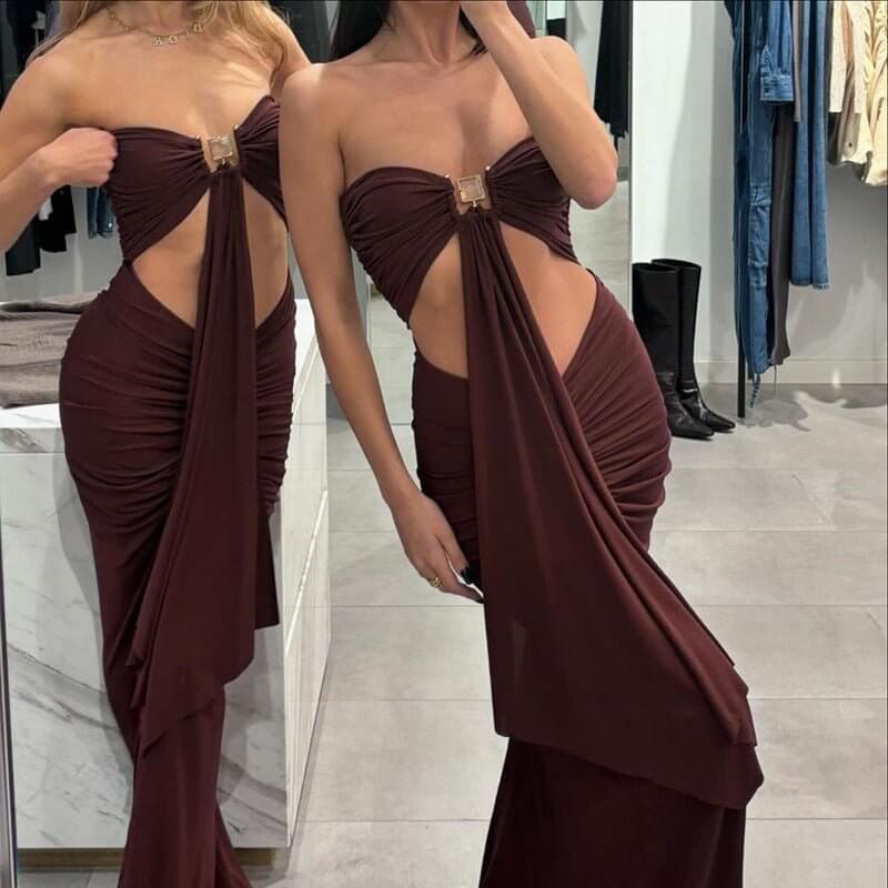 Sexy Pleated High Waist Bare Midriff Slim Fit Dress $47.50 Dana Fashion Color: Brown Size: L Women's clothing Product information: Skirt type: One-Step skirt Color: Brown Size: S,M,L Skirt length: long skirt Popular elements: Three-dimensional decoration
