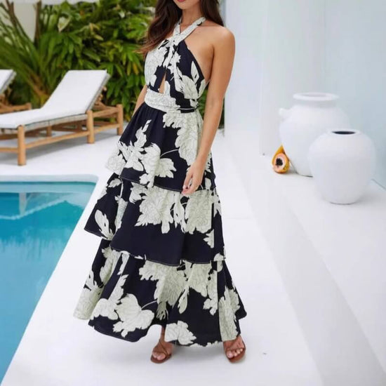 Sexy Print Cake Dress Lace-up Long Dress $59.00 Dana Fashion Color: Color Size: L Women's clothing Product information: Pattern: plants and flowers Skirt type: cake dress Color: Color Waist type: high waist Size: S,M,L,XL,XXL Combination form: Single piec