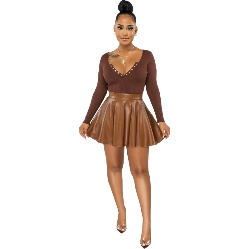 Sexy Solid Color PU Leather Swing Women's Skirt $35.99 Dana Fashion Color: Brown Size: L Women's clothing Product information: Pattern: solid color Fabric name: PU leather Skirt-type: pleated skirt Color: red, black, brown Main fabric composition: Polyest