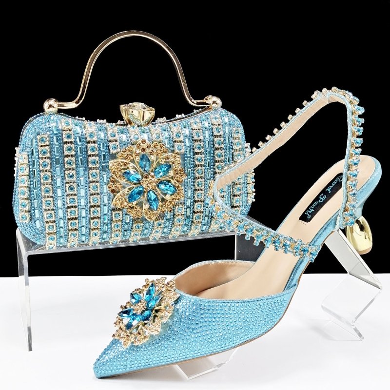 Sexy Women's Shoes And Bags Suit Drill Buckle Flower Decorative Ankle Drill Chain With Hard Clutch $169.90 Dana Fashion Color: Sky Blue Size: 38 Women's shoes Product information: Pattern: Flowers Toe bracket shape: Tip Color: Black, champagne, rose, gold